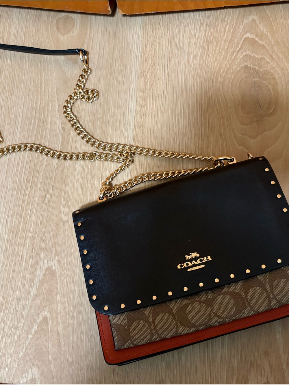 Coach Black Leather & Brown Signature Canvas Crossbody with Gold Chain